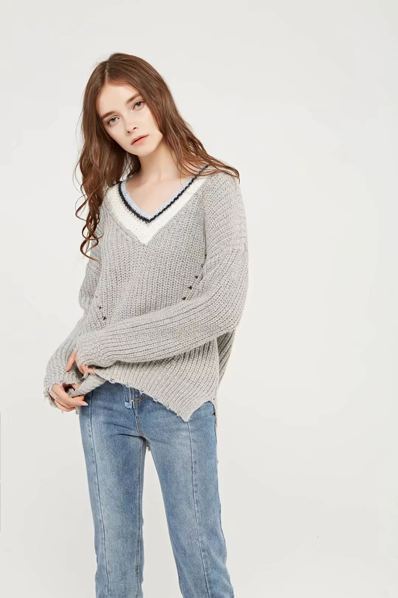 Fashion Light Gray V Neckline Design Long Sleeves Sweater,Sweater