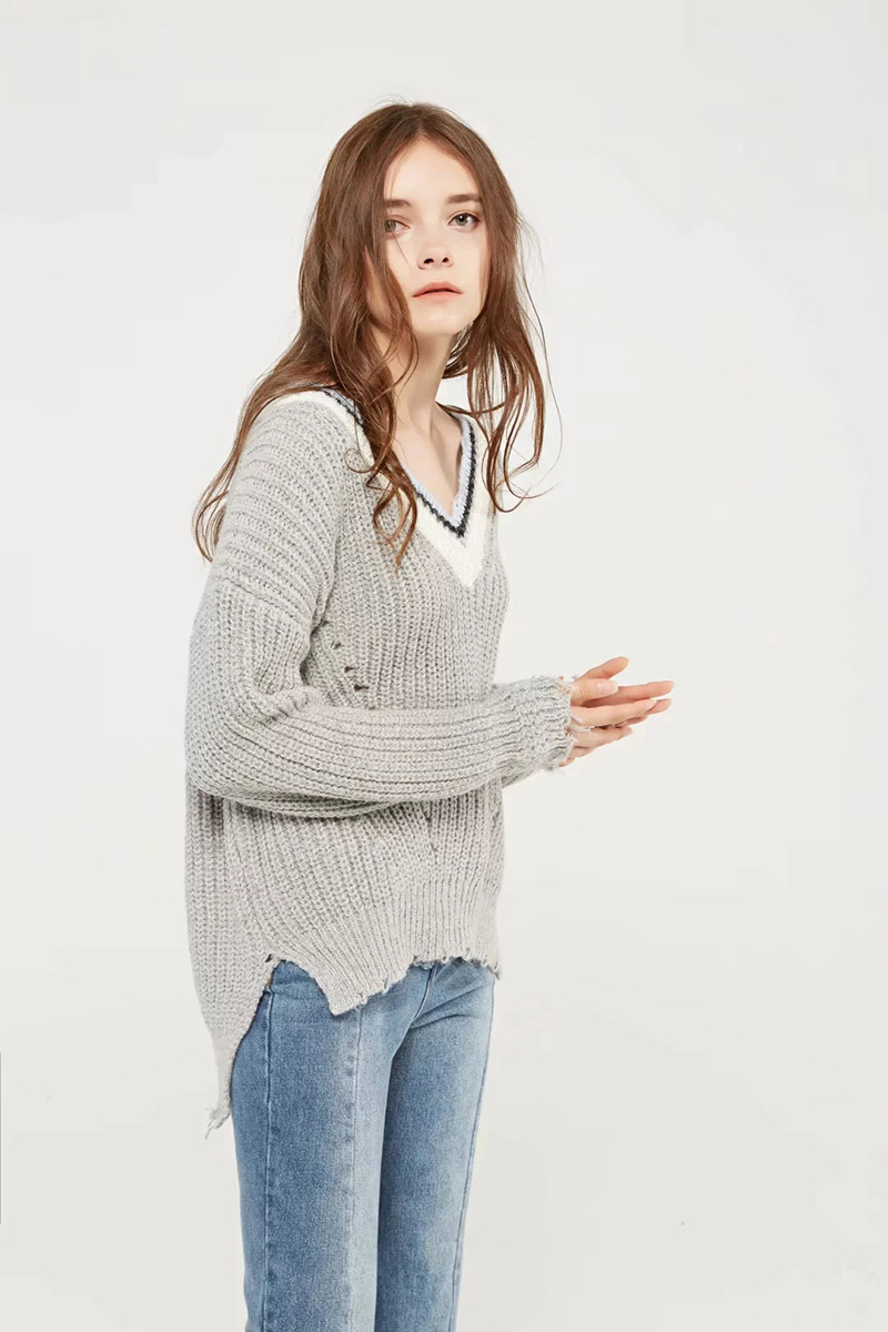 Fashion Khaki V Neckline Design Long Sleeves Sweater,Sweater