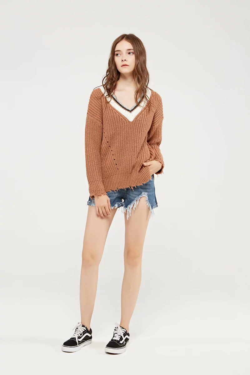 Fashion Khaki V Neckline Design Long Sleeves Sweater,Sweater
