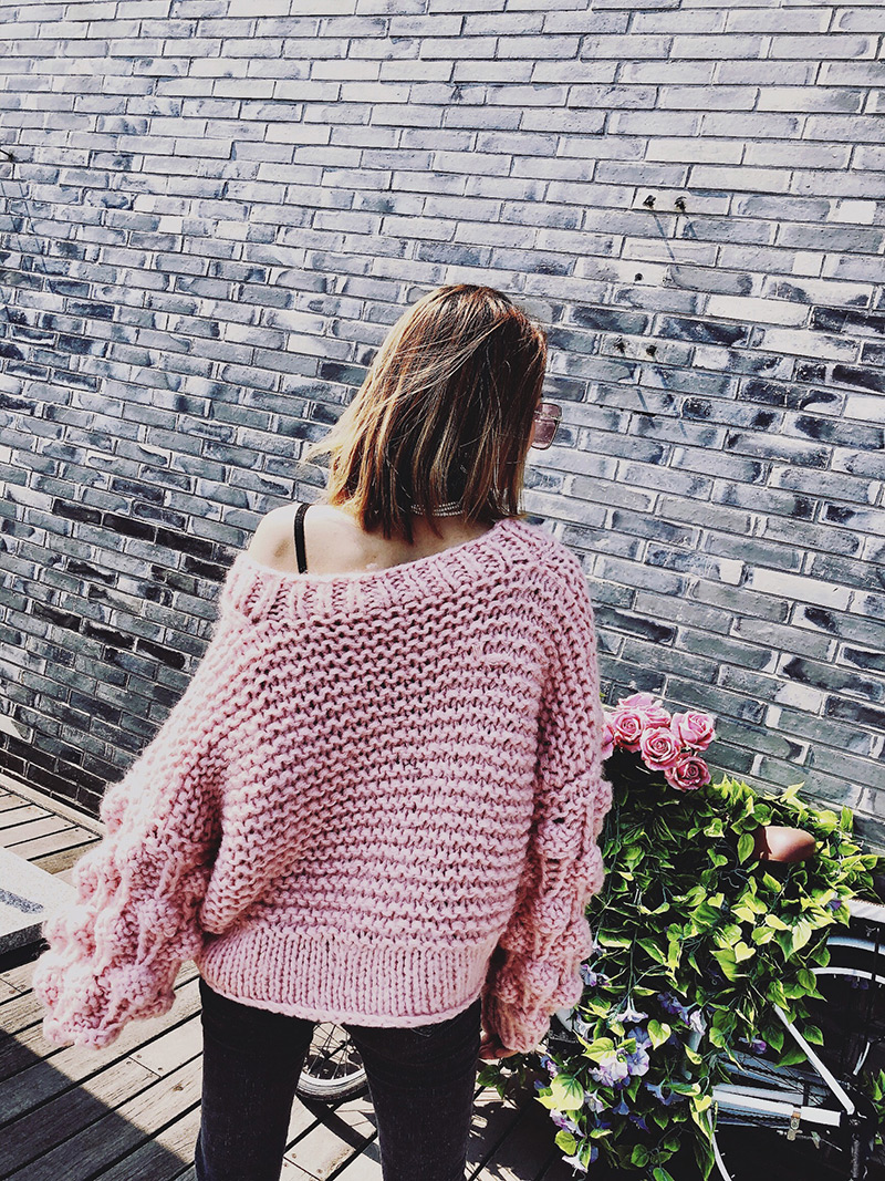 Fashion Pink V Neckline Design Pure Color Sweater,Sweater