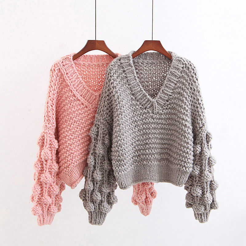 Fashion Pink V Neckline Design Pure Color Sweater,Sweater