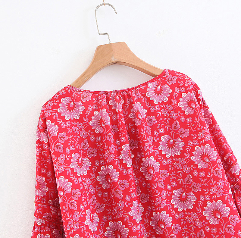 Fashion Plum Red Flowers Decorated Round Neckline Blouse,Tank Tops & Camis