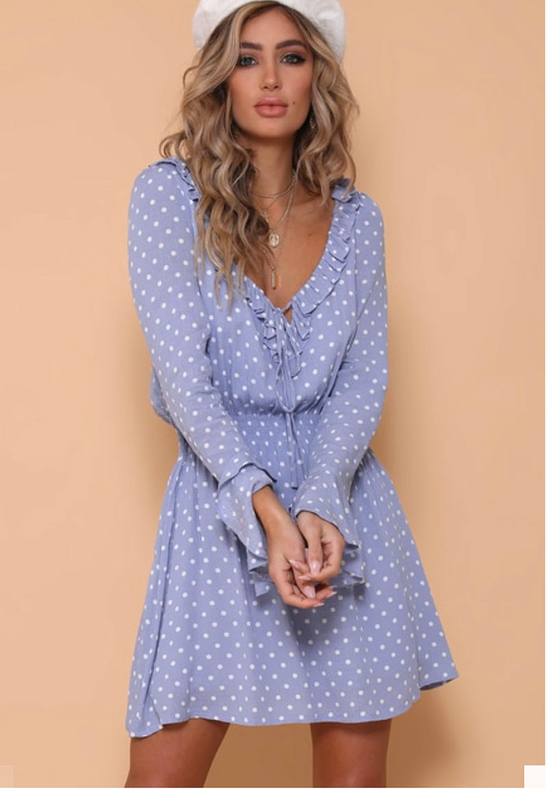Fashion Blue Dots Pattern Design V Neckline Dress,Long Dress