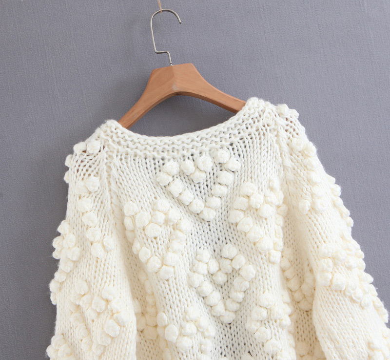 Fashion Beige Fuzzy Balls Decorated Pure Color Sweater,Sweater