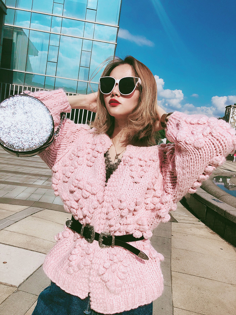 Fashion Pink Fuzzy Balls Decorated Pure Color Sweater,Sweater