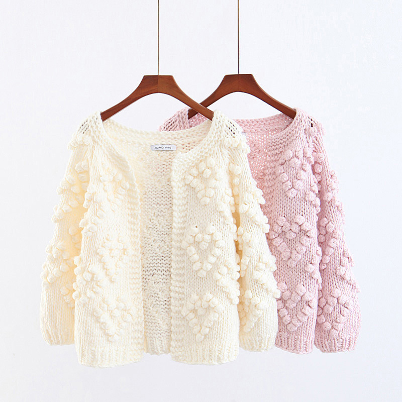 Fashion Beige Fuzzy Balls Decorated Pure Color Sweater,Sweater
