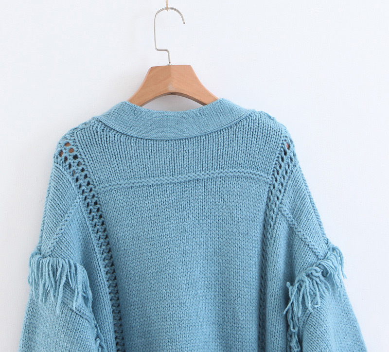 Fashion Blue Tassel Decorated Pure Color Sweater,Sweater