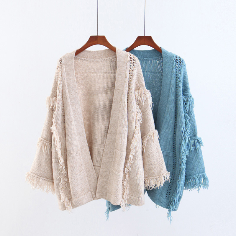 Fashion Beige Tassel Decorated Pure Color Sweater,Sweater