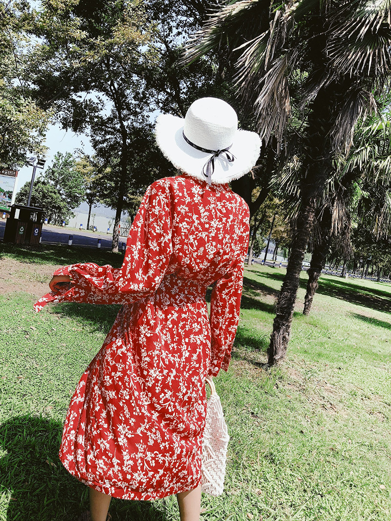 Fashion Red+white Flowers Decorated Long Sleeves Dress,Long Dress