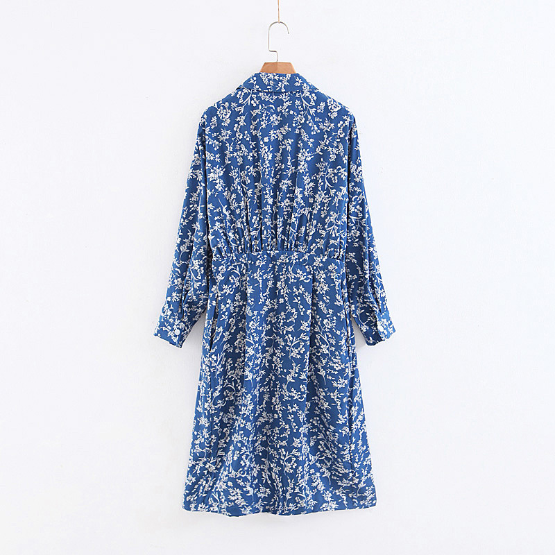 Fashion Blue Flowers Decorated Long Sleeves Dress,Long Dress