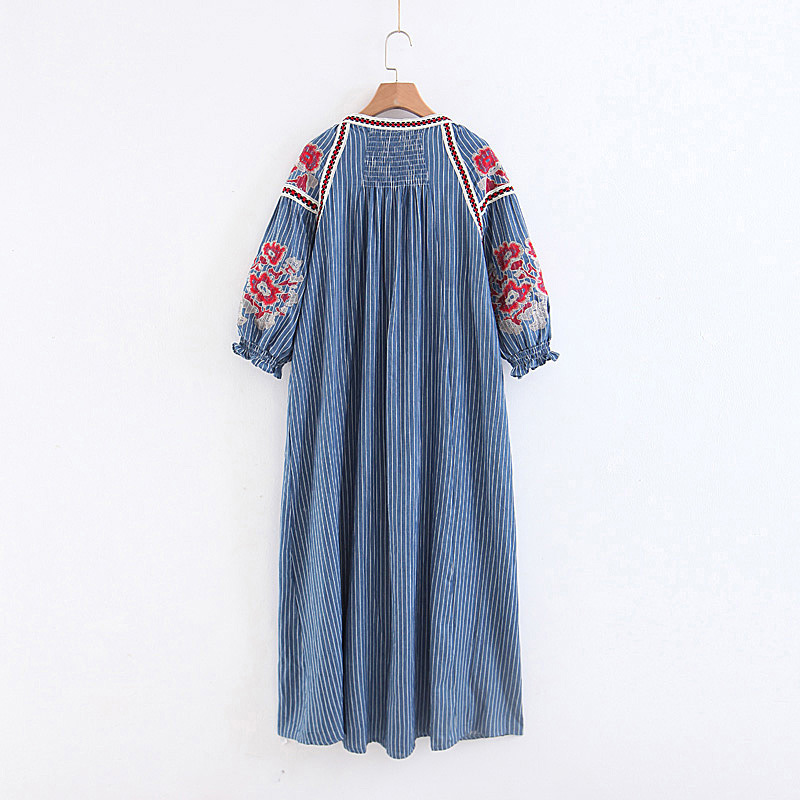 Fashion Blue Embroidered Flower Decorated Long Dress,Long Dress