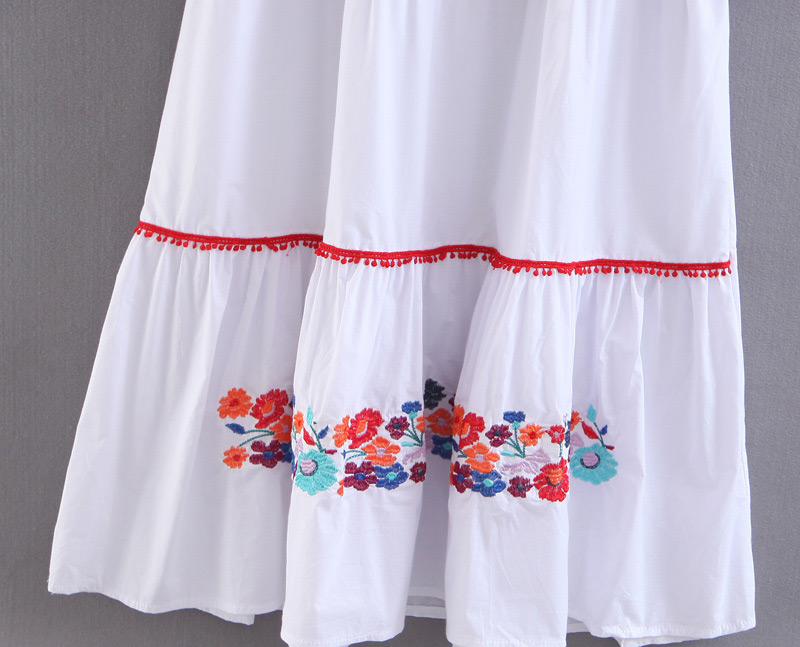 Fashion White Embroidered Flower Decorated V Neckline Dress,Long Dress
