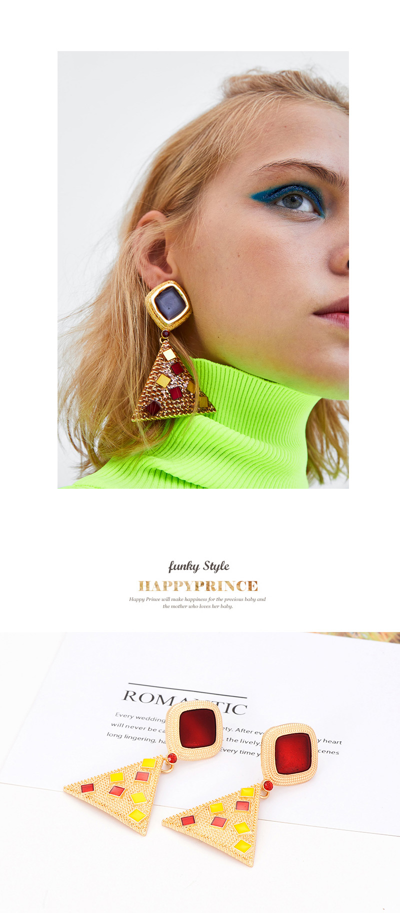 Elegant Gold Color Diamond Decorated Triangle Shape Earrings,Stud Earrings