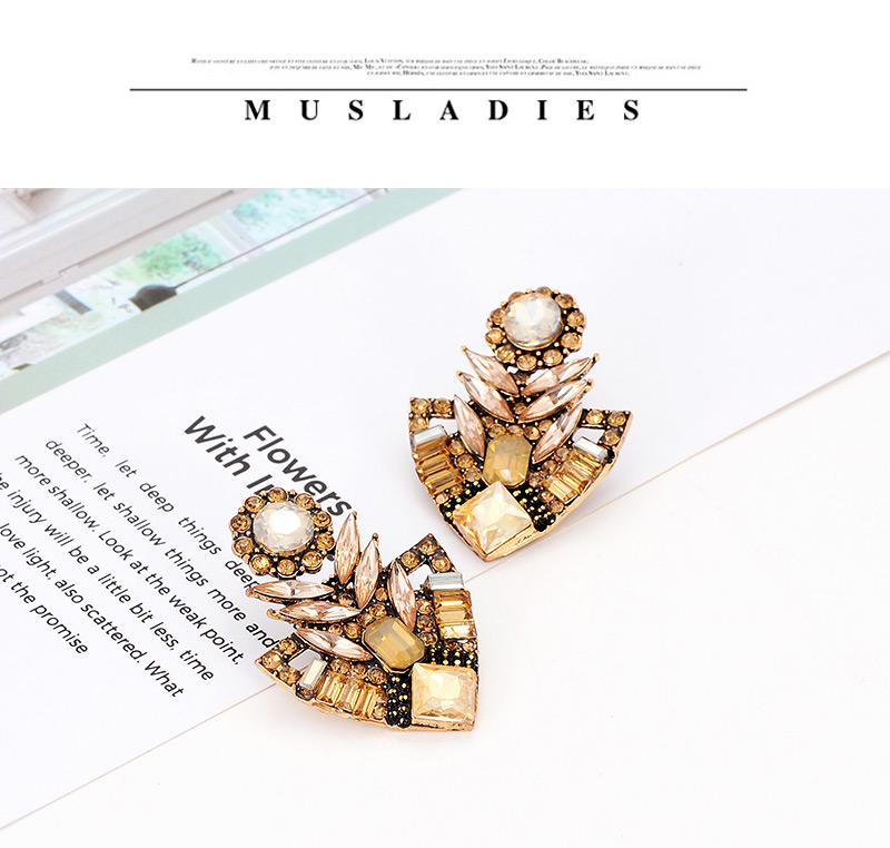 Elegant Champagne Geometric Shape Diamond Design Earrings,Stud Earrings