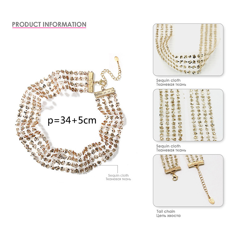 Fashion Gold Color Full Sequins Decorated Multi-layer Choker,Multi Strand Necklaces