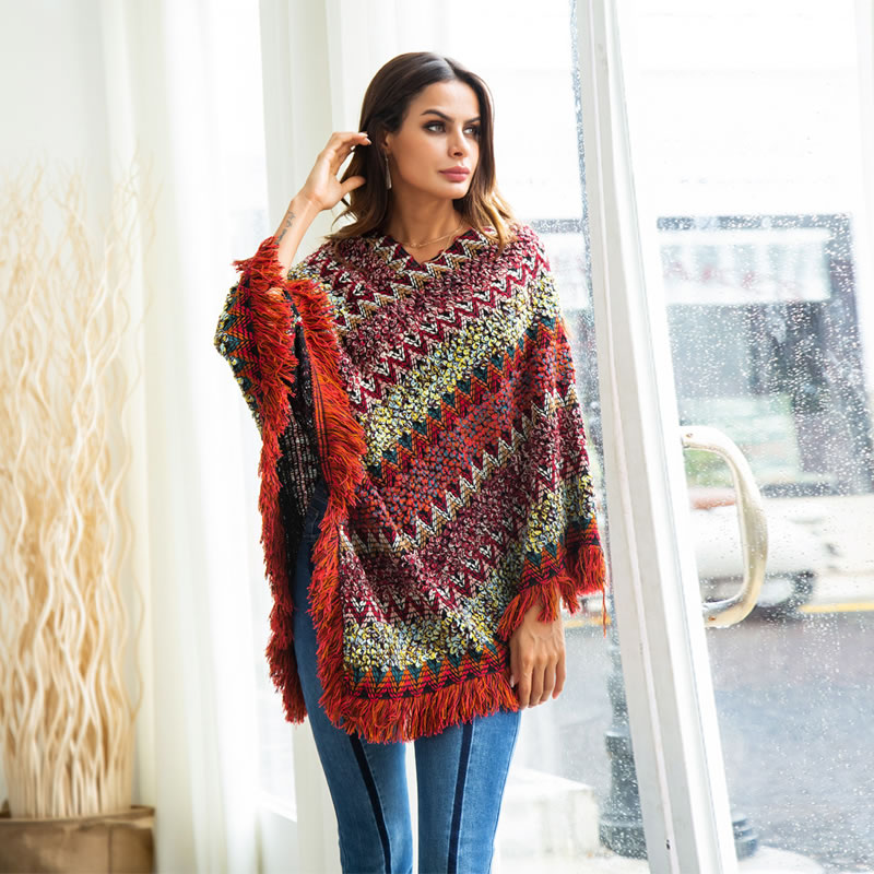 Fashion Multi-color Tassel Decorated Color Matching Sweater,Sweater