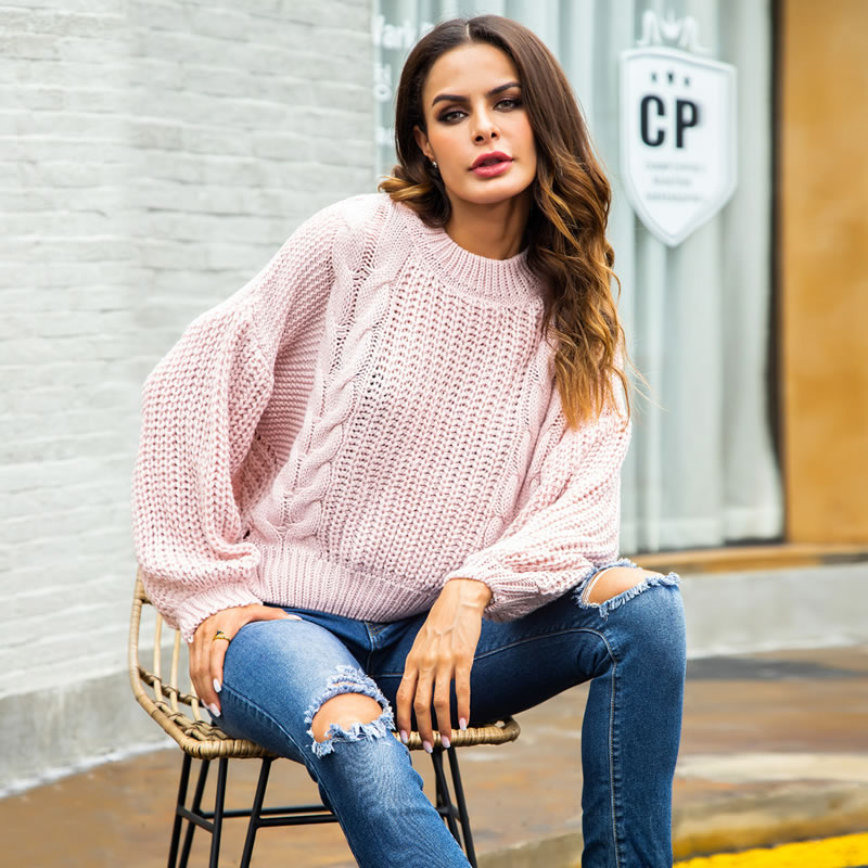 Fashion Pink Round Neckline Design Pure Color Sweater,Sweater