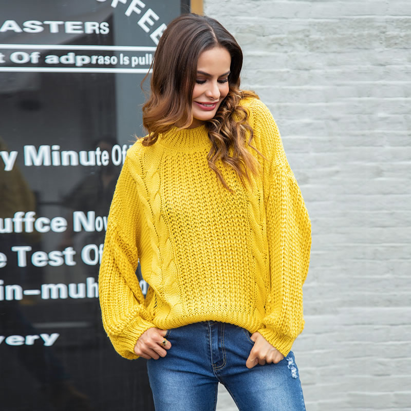 Fashion Yellow Round Neckline Design Pure Color Sweater,Sweater