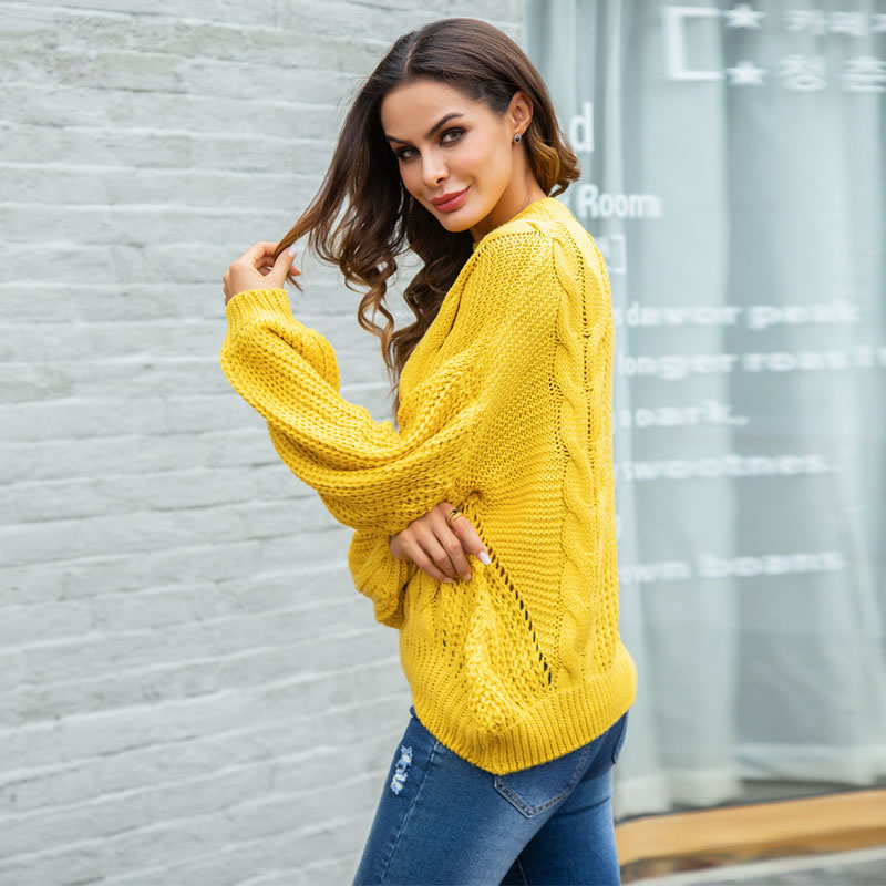 Fashion Yellow Round Neckline Design Pure Color Sweater,Sweater