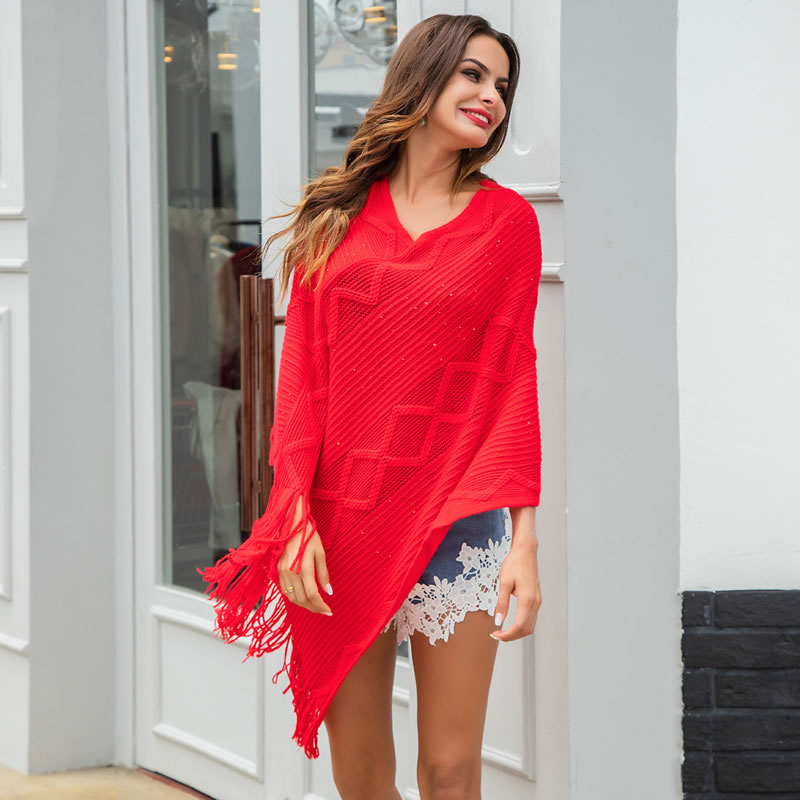 Fashion Red Tassel Decorated Pure Color Sweater,Sweater
