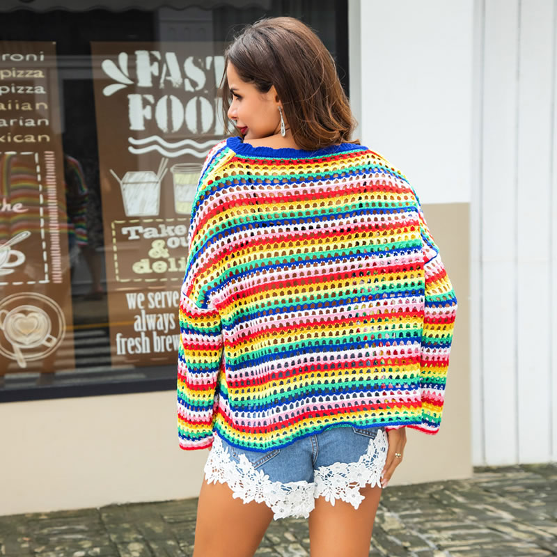 Fashion Multi-color Stripe Pattern Decorated Simple Sweater,Sweater