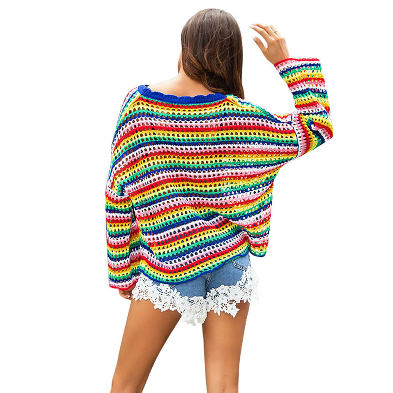 Fashion Multi-color Stripe Pattern Decorated Simple Sweater,Sweater