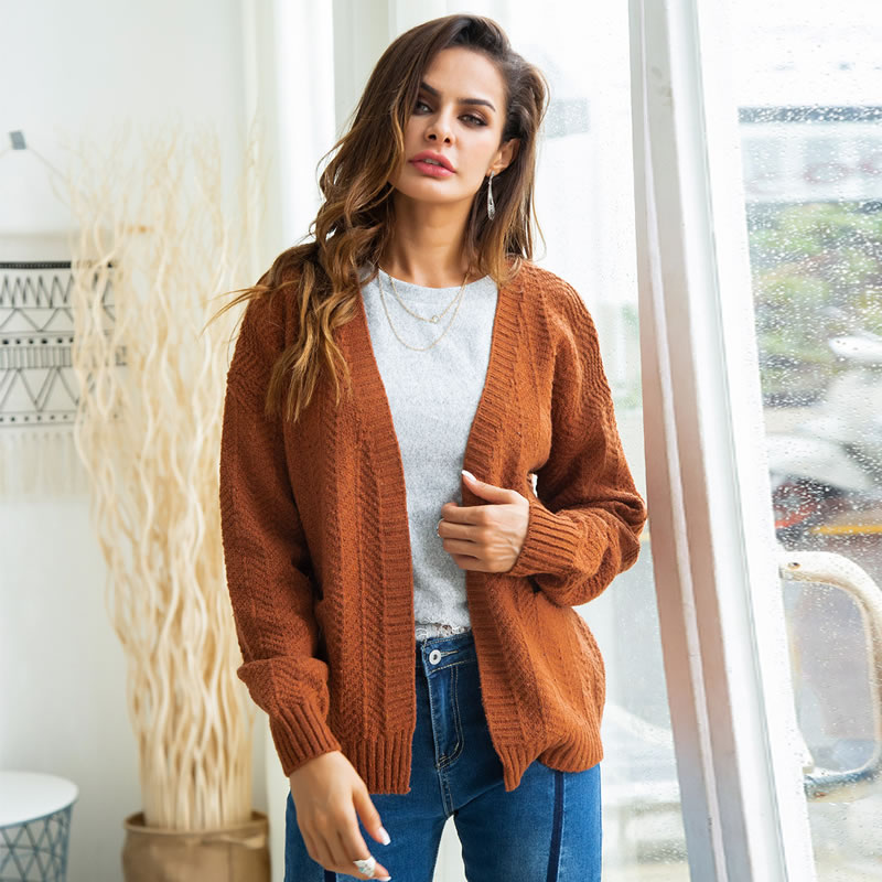 Fashion Brown Pure Color Design Loose Knitted Cardigan,Sweater
