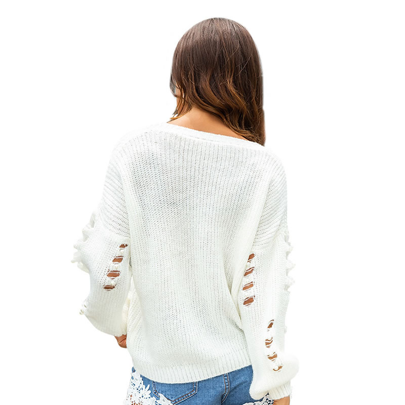 Fashion White Hollow Out Design Pure Color Sweater,Sweater