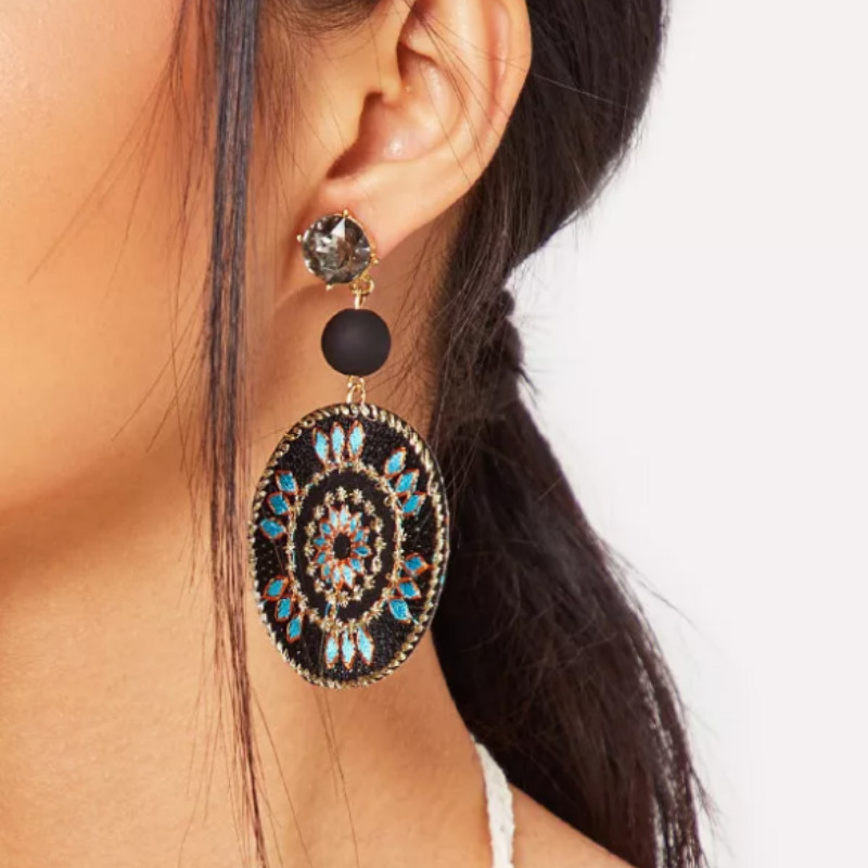 Fashion Black Flower Pattern Design Round Shape Earrings,Hoop Earrings