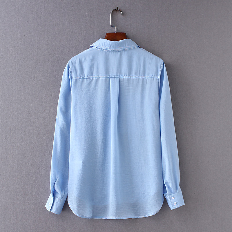 Fashion Blue Pure Color Design Long Sleeves Shirt,Tank Tops & Camis