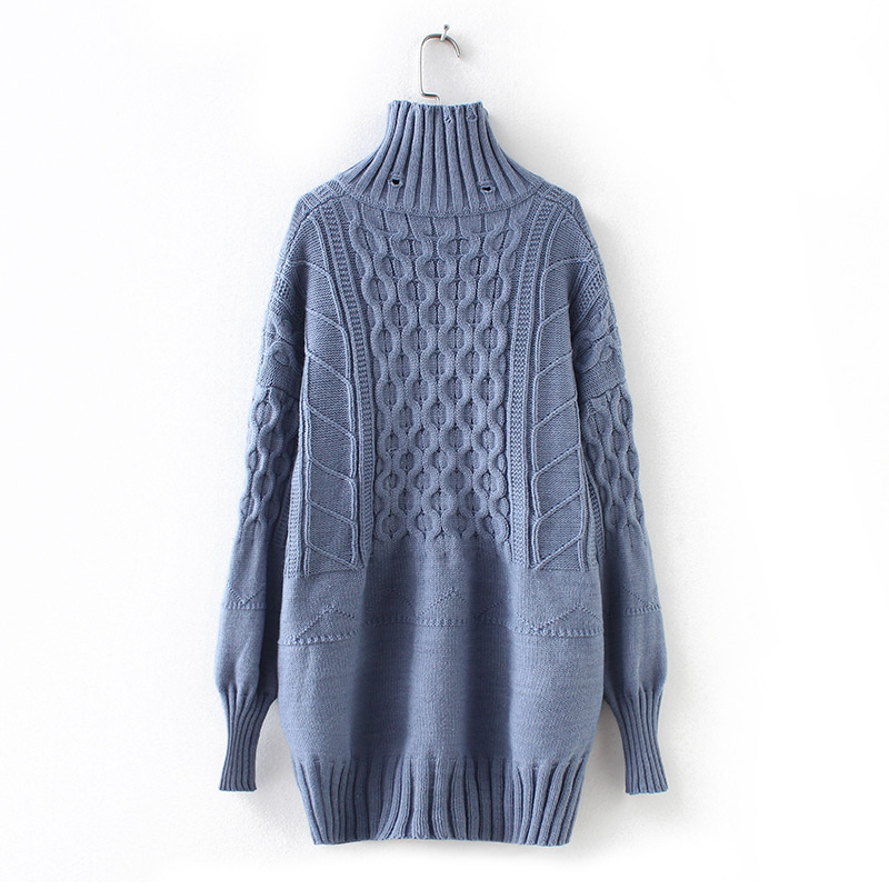 Fashion Blue High Neckline Design Pure Color Sweater,Sweater