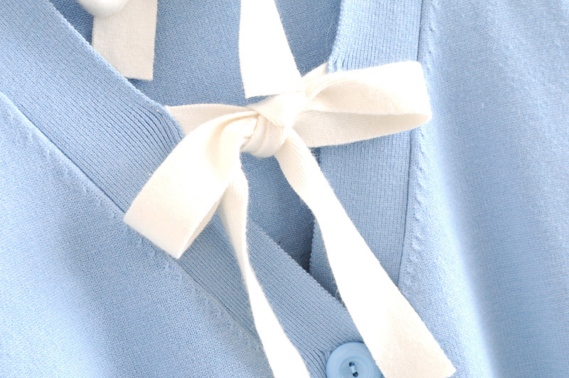 Elegant Blue Bowknot Decorated V Neckline Cardigan,Sweater