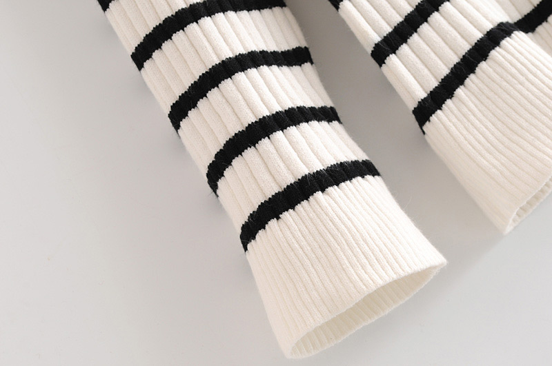 Elegant Black+white Stripe Pattern Design Round Neckline Cardigan,Sweater