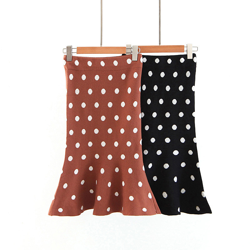 Elegant Brown Dots Pattern Decorated Knitted Fishtail Skirt,Skirts