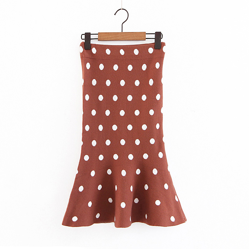 Elegant Brown Dots Pattern Decorated Knitted Fishtail Skirt,Skirts