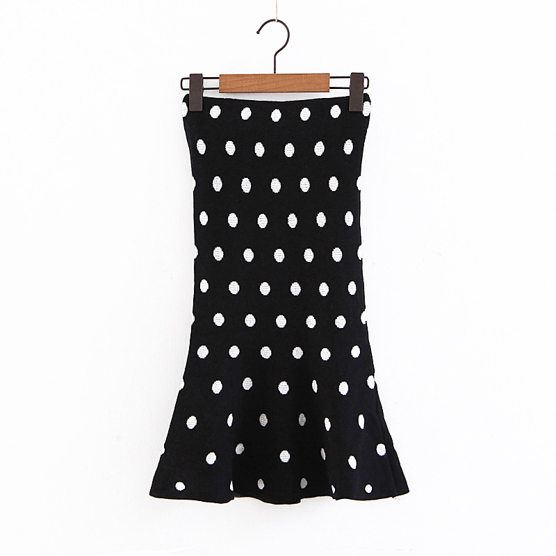Elegant Black Dots Pattern Decorated Knitted Fishtail Skirt,Skirts