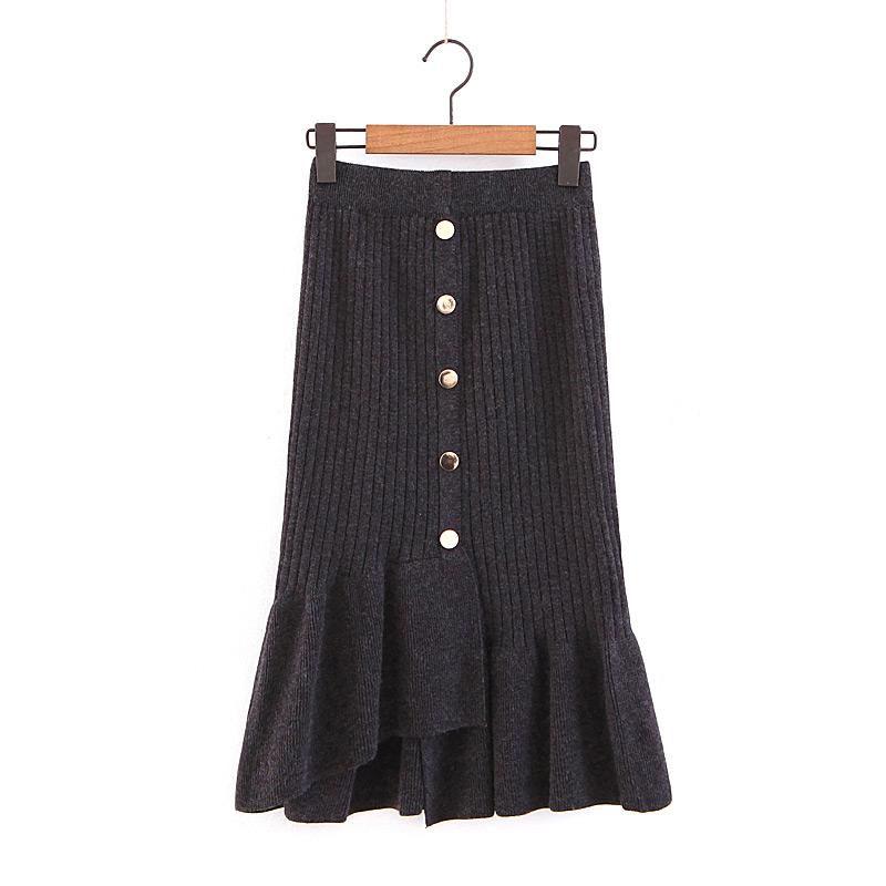 Elegant Black Buttons Decorated Pure Color Knitted Skirt,Skirts