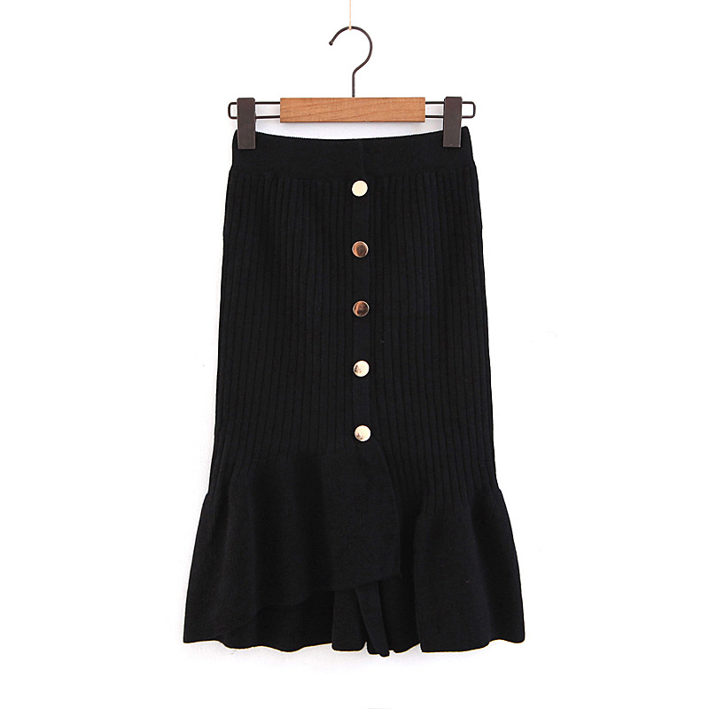 Elegant Dark Gray Buttons Decorated Pure Color Knitted Skirt,Skirts