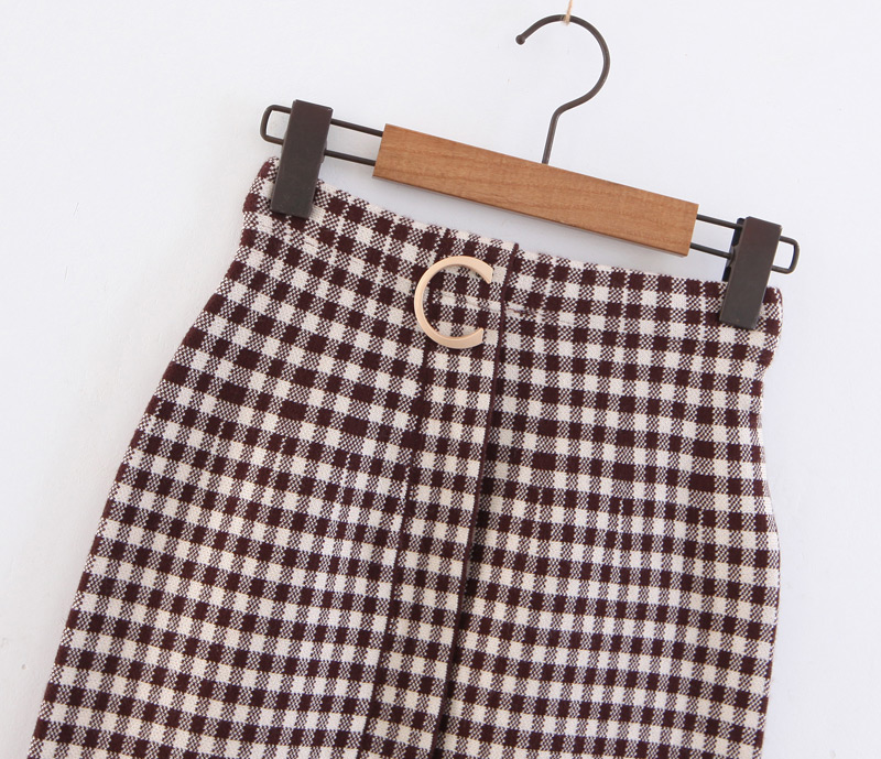 Elegant Coffee Grid Pattern Design Knitted Skirt,Skirts