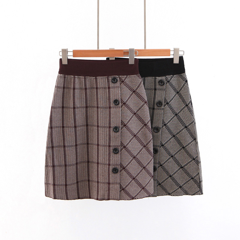 Elegant Black Buttons Decorated Grid Pattern Design Skirt,Skirts