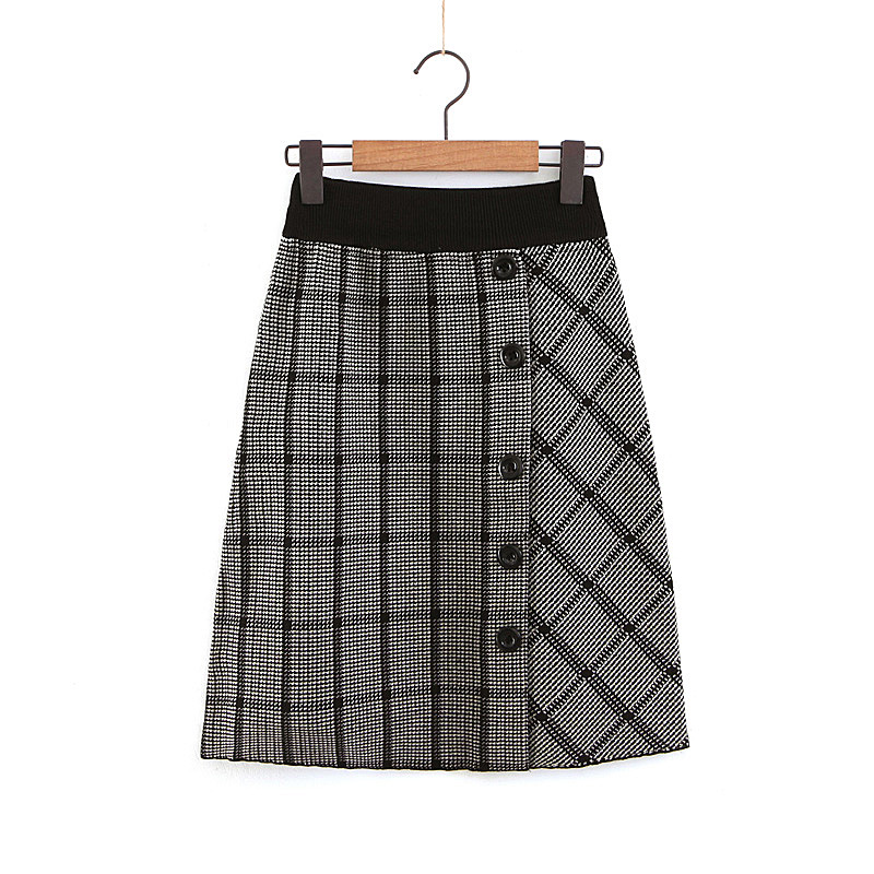 Elegant Coffee Buttons Decorated Grid Pattern Design Skirt,Skirts
