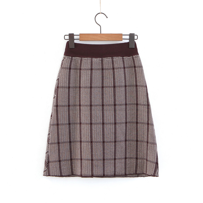 Elegant Coffee Buttons Decorated Grid Pattern Design Skirt,Skirts