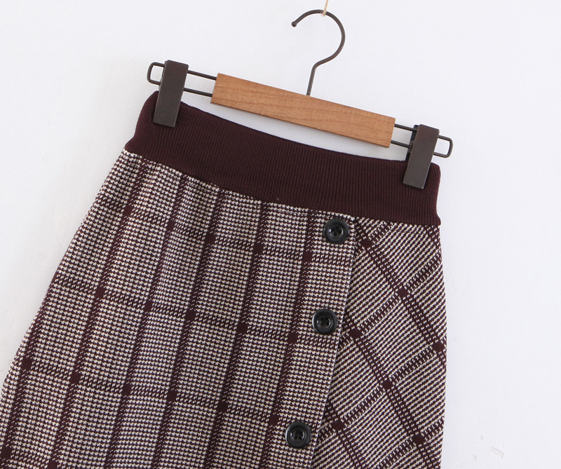 Elegant Black Buttons Decorated Grid Pattern Design Skirt,Skirts