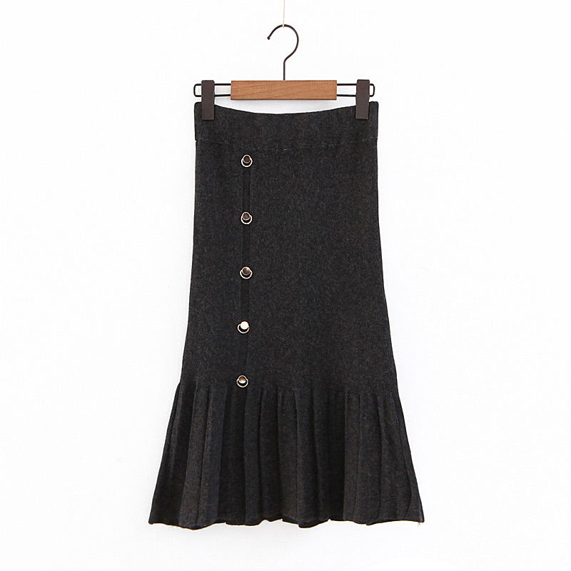Elegant Dark Gray Pure Color Decorated Knitted Skirt,Skirts