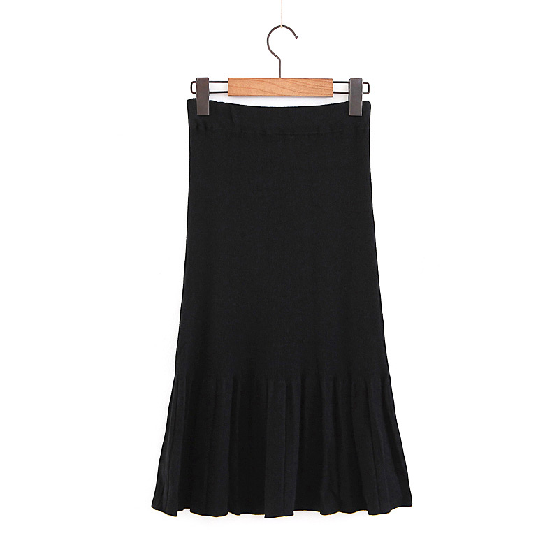 Elegant Black Pure Color Decorated Knitted Skirt,Skirts