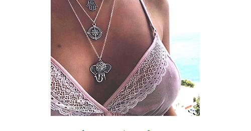 Elegant Antique Silver Elephant Pendant Decorated Necklace,Multi Strand Necklaces