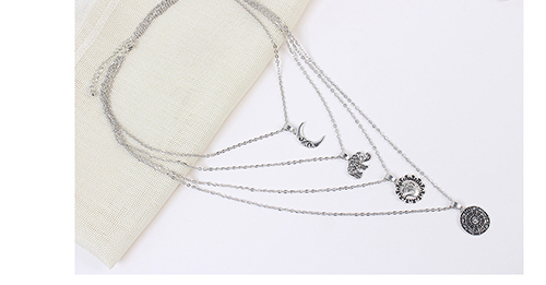 Elegant Antique Silver Moon&elephant Pendant Decorated Necklace,Multi Strand Necklaces