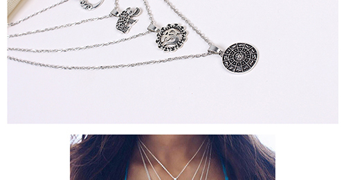Elegant Antique Silver Moon&elephant Pendant Decorated Necklace,Multi Strand Necklaces