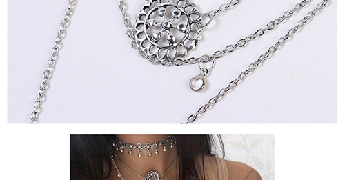 Elegant Silver Color Flower Pendant Decorated Necklace,Multi Strand Necklaces