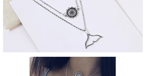 Elegant Antique Silver Flower&fish Tail Pendant Decorated Necklace,Multi Strand Necklaces